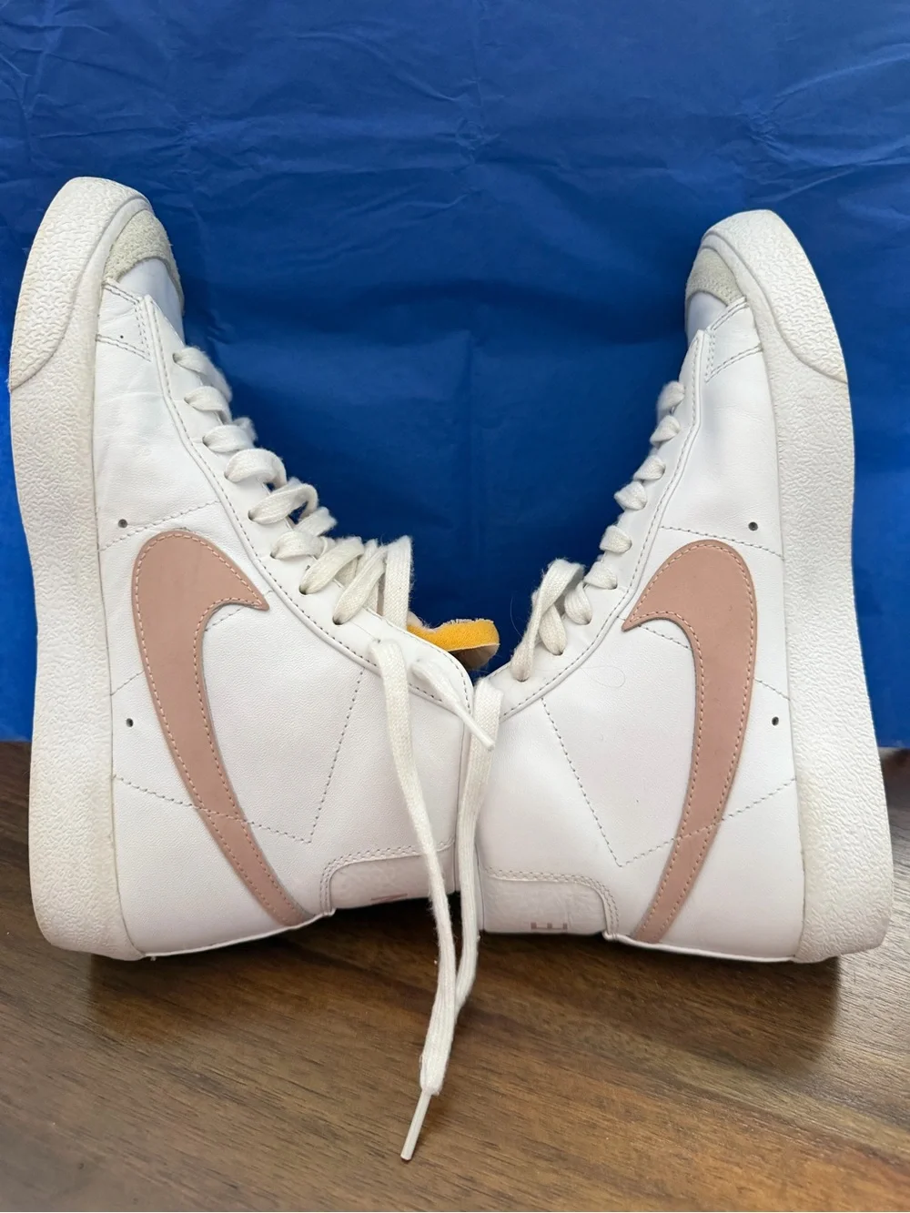Nike Women's White High-Top Sneakers with Blush Swoosh and Yellow Tongue Accent